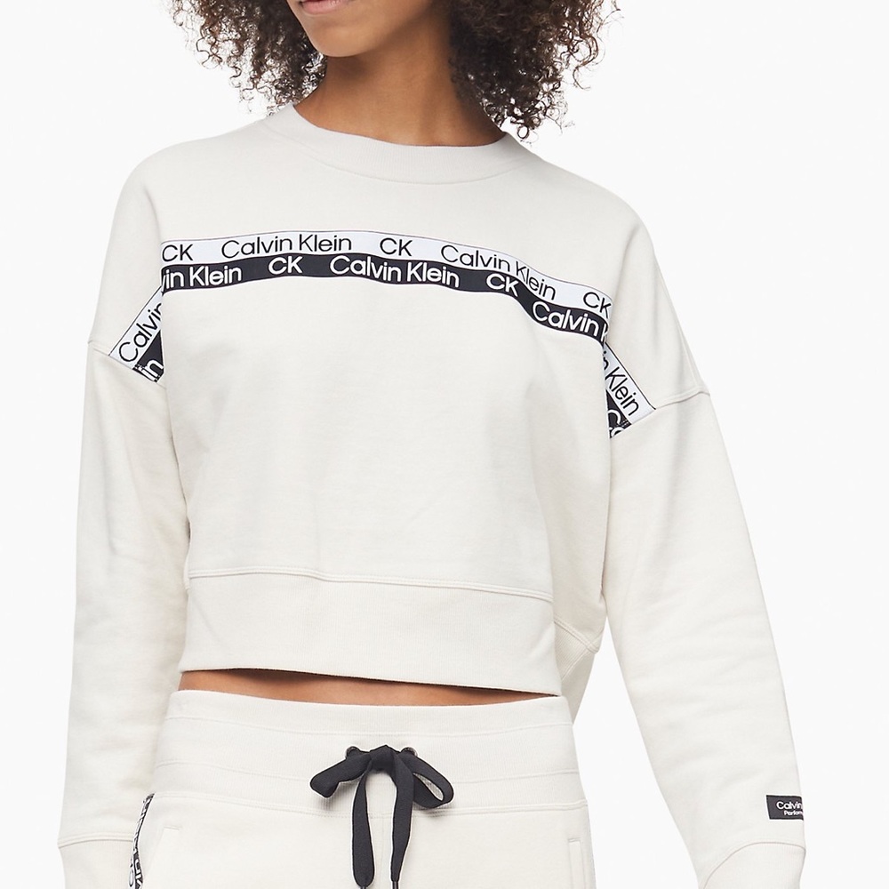 Calvin Klein Performance Double Logo Tape Cropped Sweatshirt in Chalk